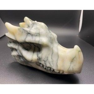 Large White Peach Green Jade Dragon Skull Crystal Carving - Veins Dinosaur